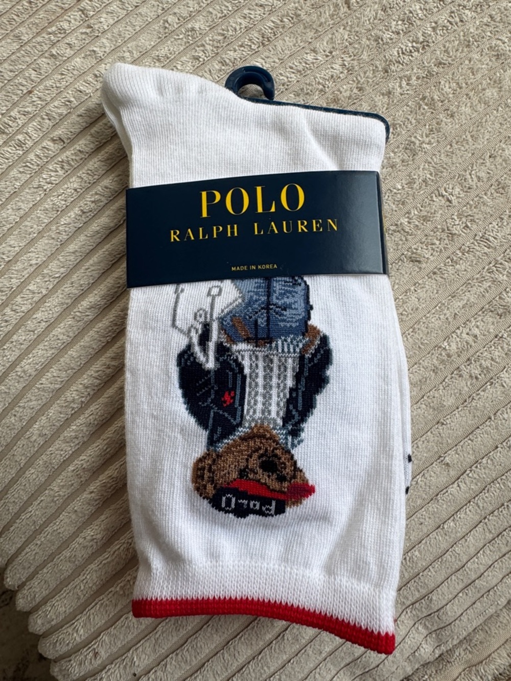 Polo by Ralph Lauren White Crew Socks with Bear Motif and Red Trim - Picture 2 of 4